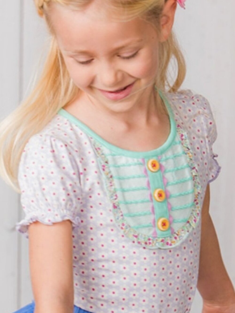 Matilda Jane | Front Porch Flower Print Ruffle Puff Sleeve Button Bib Tshirt Top